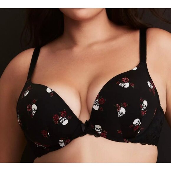 torrid Other - Torrid Bra Sz 48DDD Skull Roses Print Microfiber Push-Up Plunge Black Sexy NWOT